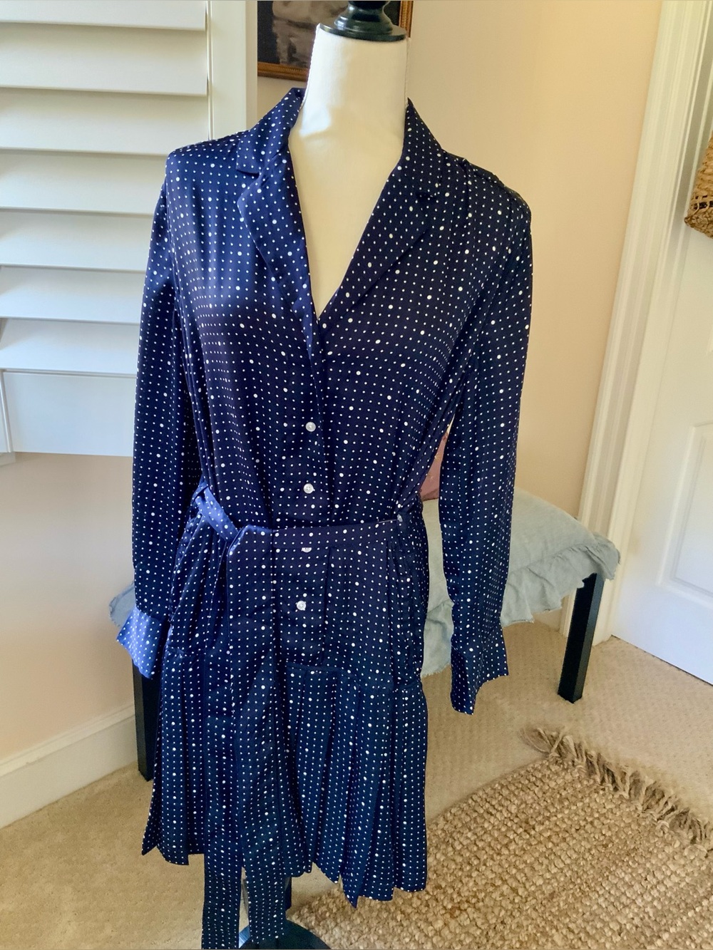 Free Assembly Silky Navy Polka Dot Shirt Dress with Tie Waist